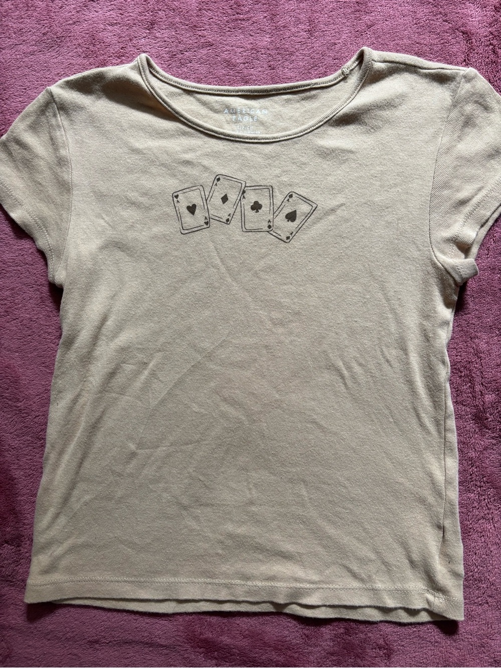 American Eagle Outfitters Beige Short Sleeve Tee with Card Suit Graphic